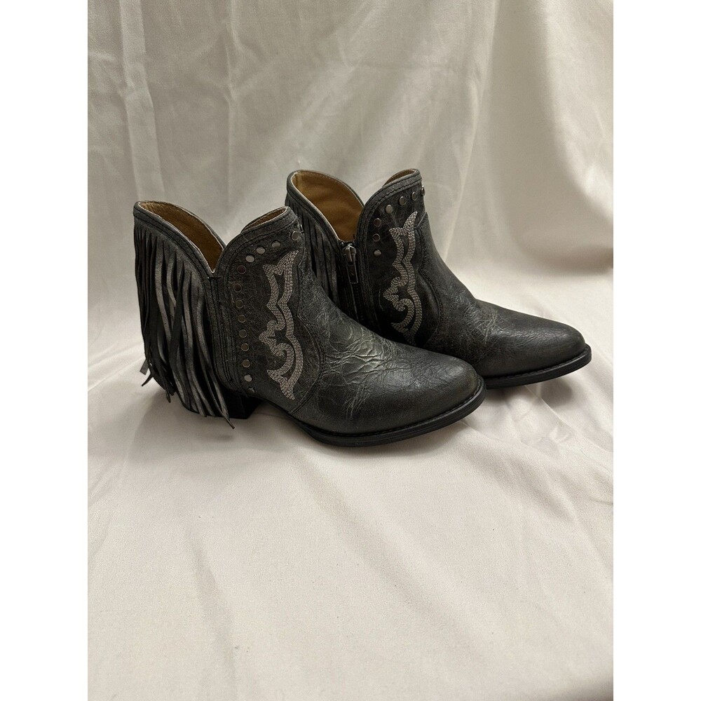 Sterling River Gray Leather Fringe Boho Cowgirl Booties 8 Festival Western